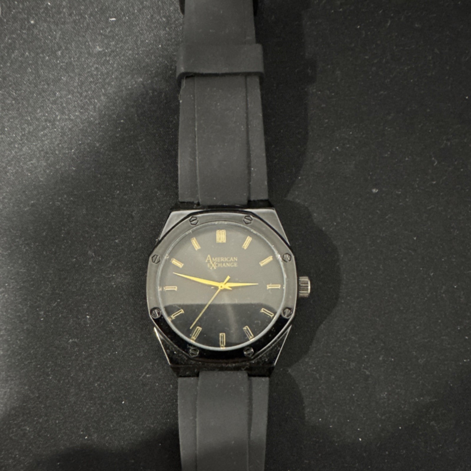 American Exchange Men’s Quartz Analog Watch Black Rubber Band Gold Stick Indexes