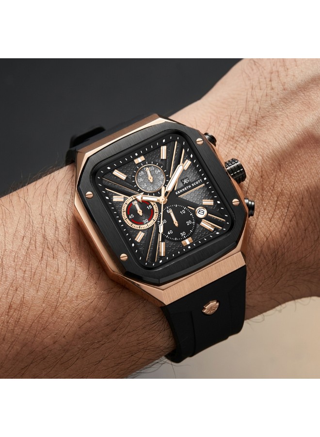 Kenneth Scott Men’s Chronograph Watch | Black Dial, Rose Gold Case, 44mm