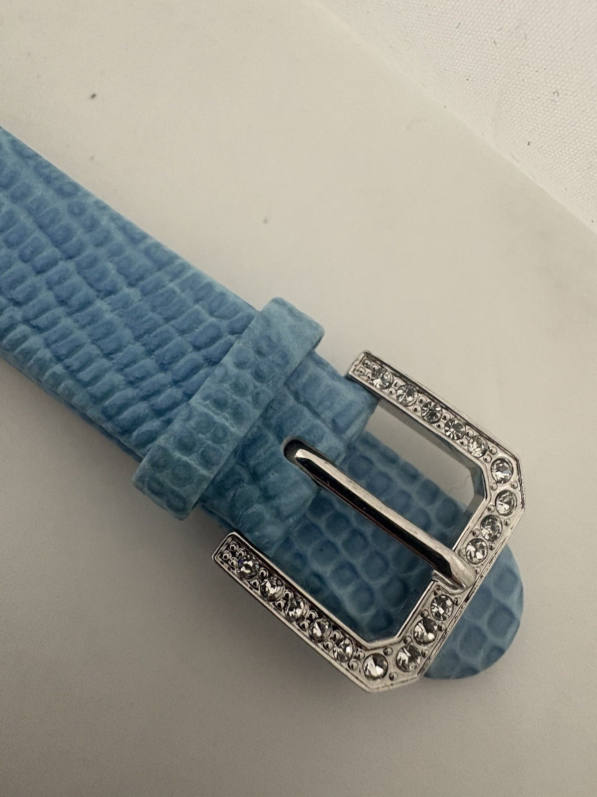 Jean Dousset Light Blue Genuine Leather Band Rhinestone Buckle Women 12mm