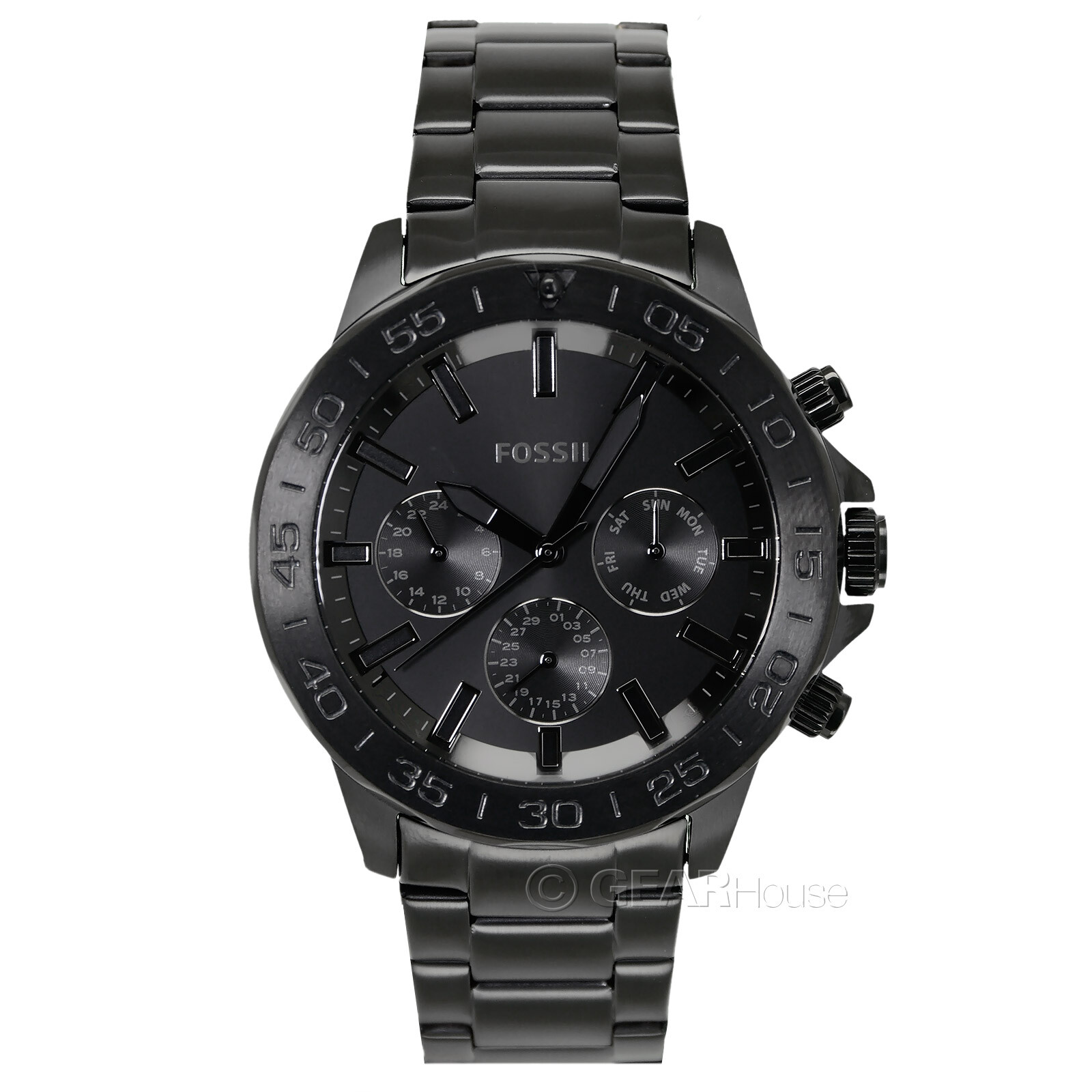 FOSSIL Bannon Mens Multifunction Watch Black Dial Day Date Stainless Steel Band