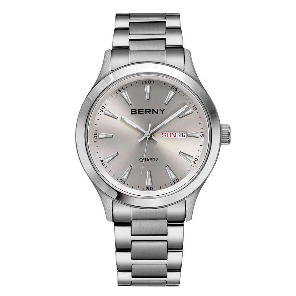 44MM BERNY Quartz Men’s Luxury Watch Diver 30M Waterproof Luminous Stainless NEW