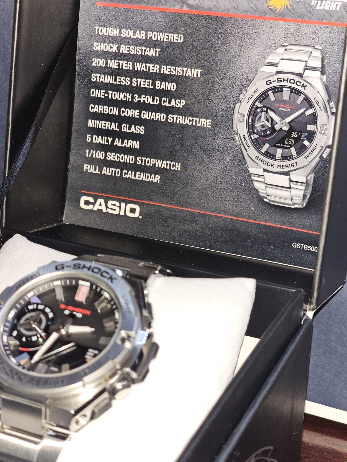 Casio G-SHOCK GSTB500 Bluetooth Tough Solar 200m SS Watch Silver w/ Box