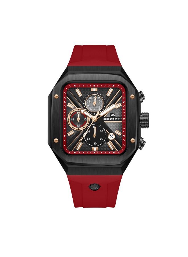Kenneth Scott Men’s Chronograph Watch | Black Dial, Red Band, 44mm, 30 m (3 ATM)