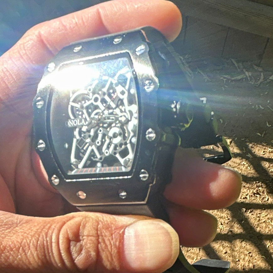 ONOLA Men’s Tonneau Skeleton Dial Quartz Analog Watch Black Rubber Strap