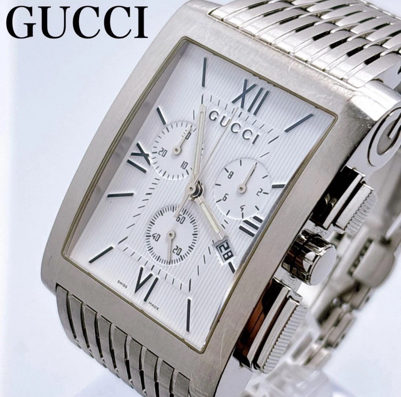 GUCCI 8600M Chronograph Date Stainless Steel Silver Rectangular Swiss Made Watch