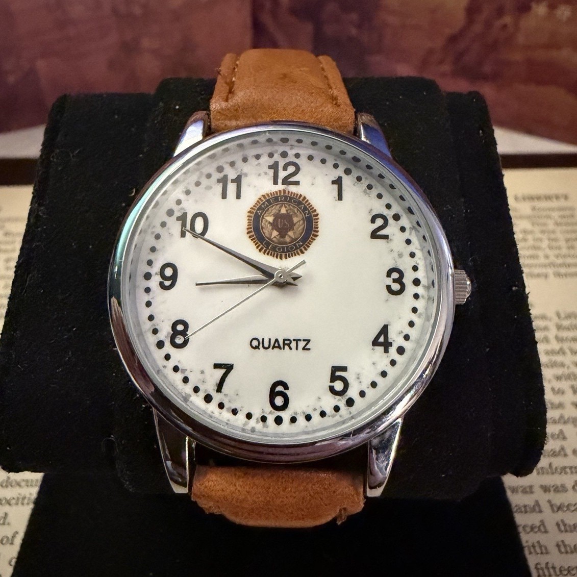 American Legion Quartz Analog Wristwatch White Logo Dial Brown Leather Strap