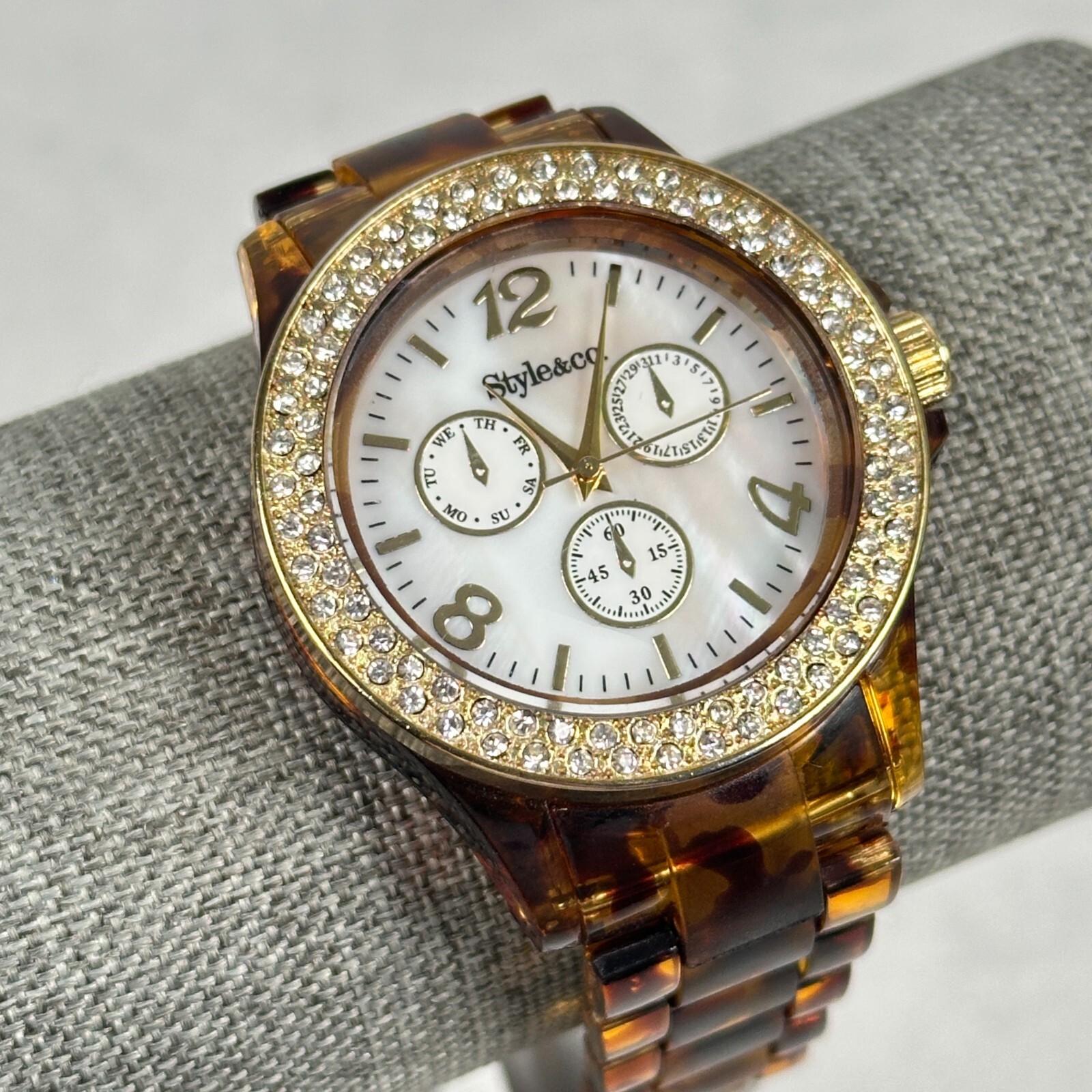 Style & Co Watch Womens 28mm Pave Bezel Brown Tortoise Shell Band New Battery