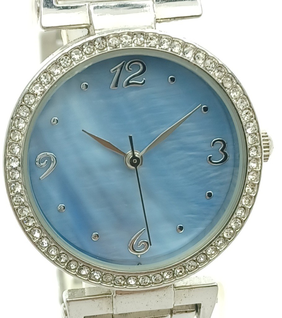 Silver Tone Blue Dial Crystal Bezel Bracelet Womens Watch New Battery ✔️