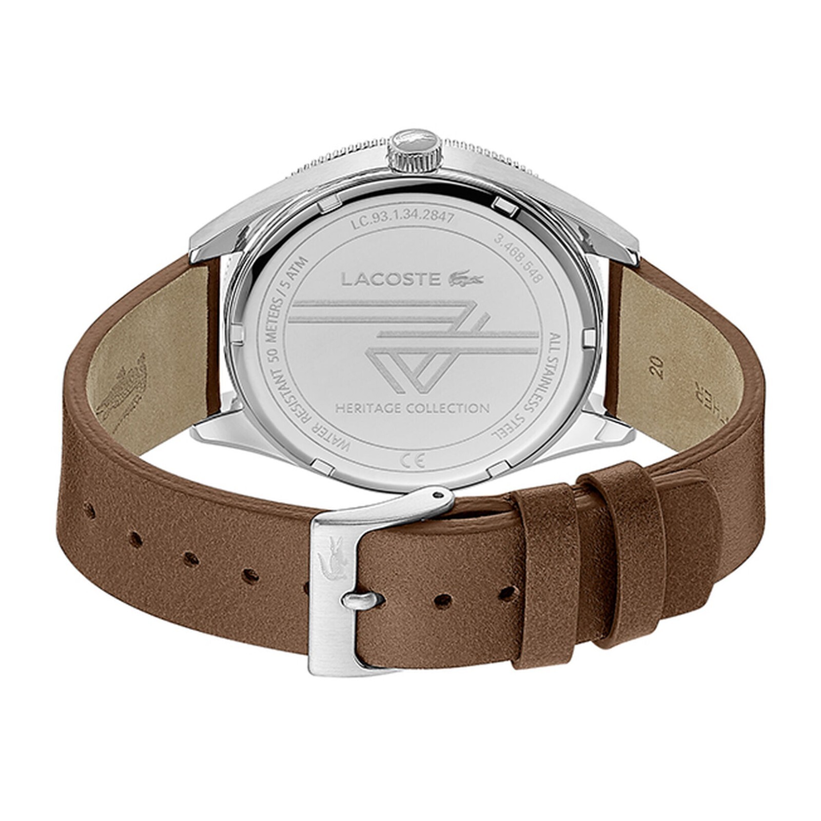 LACOSTE 2011052 SILVER DIAL BROWN LEATHER STRAP 42MM MEN’S HERITAGE WATCH