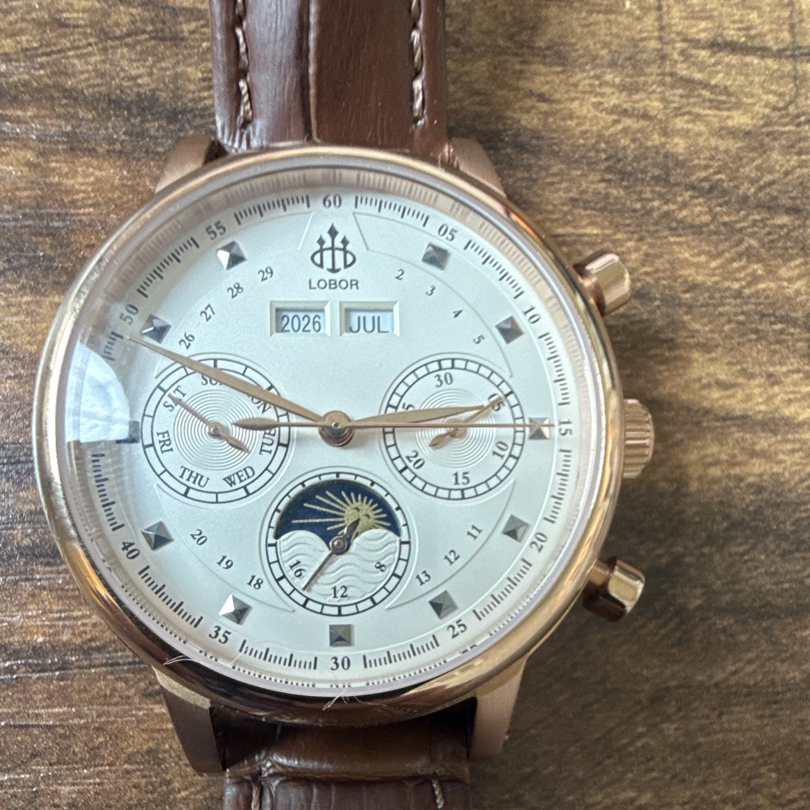 LOBOR Automatic Day/Date Moon Phase Silver Dial Rose Gold Case 40mm Leather