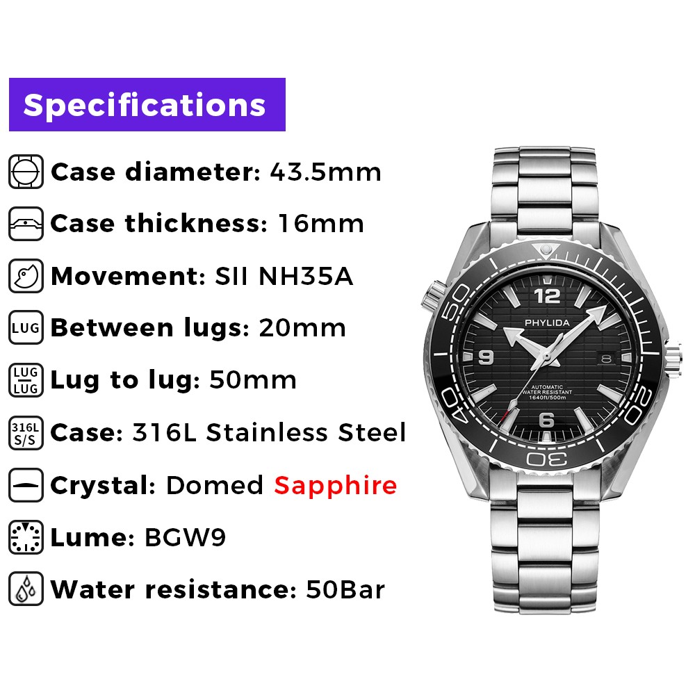 PHYLIDA 43.5mm Men Automatic Diver Watch 500m Sapphire Black Dial NH35A Durable