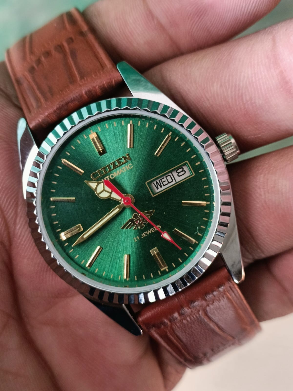 Citizen Automatic Green Dial Day/Date 21 Jewels Stainless Steel Mens Wrist Watch