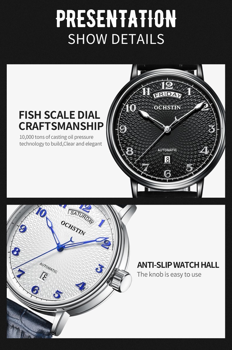 OCHSTIN Men’s Automatic Mechanical Watch Business 3ATM Day Date Leather Strap