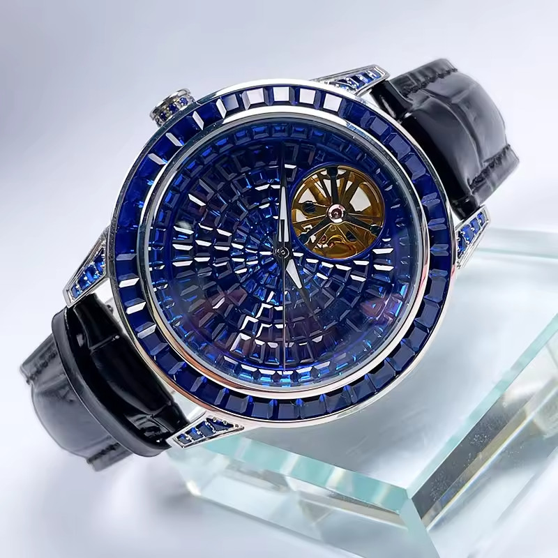🔥USA🔥PINDU Men’s Automatic Watch Mineral Glass Blue Black Leather P5037