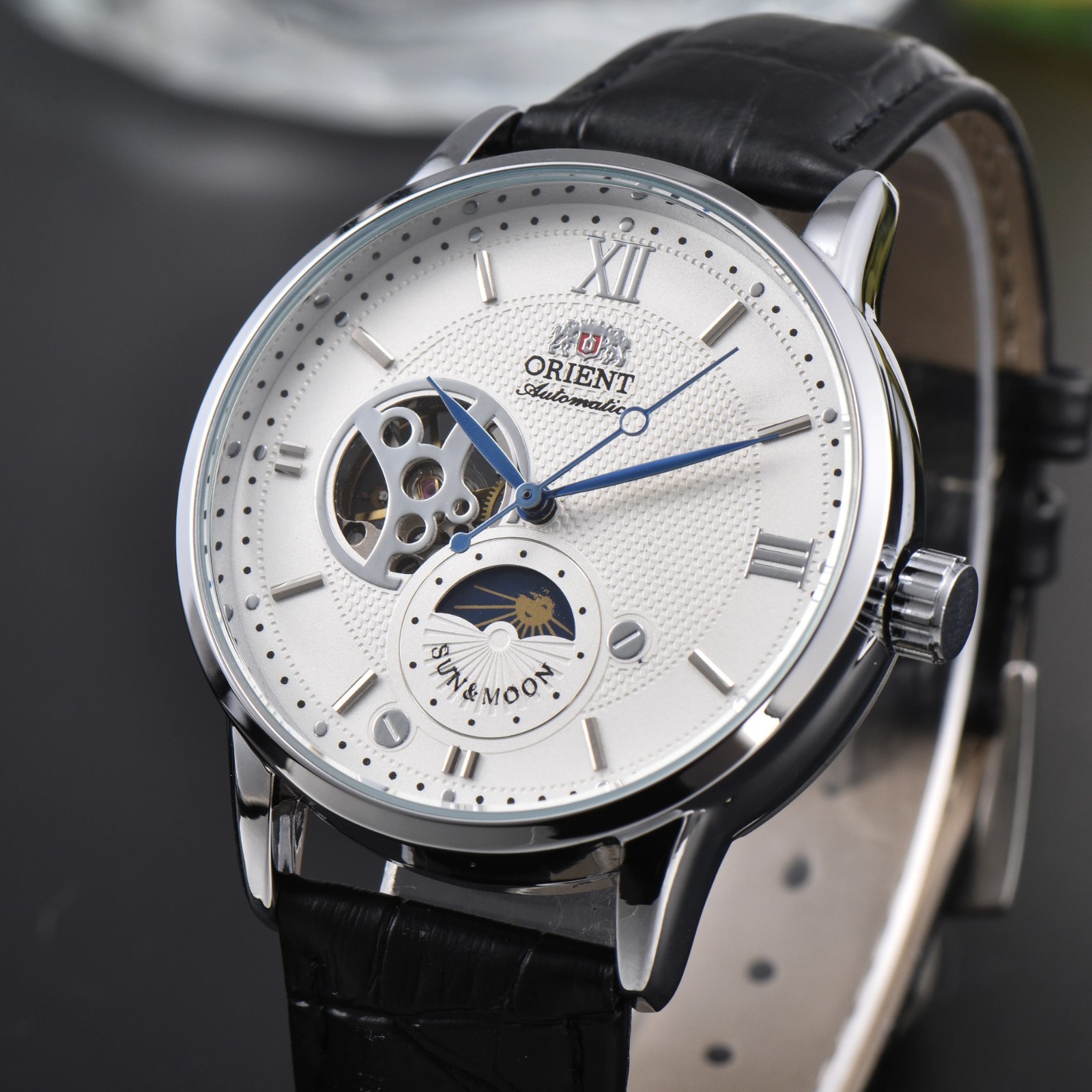 Orient Sun & Moon Semi Skeleton Automatic Watch Men’s Leather Strap Luxury Gift