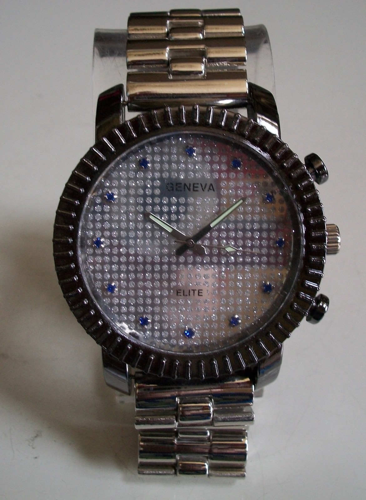 Men’s Blue stones Silver & Black Hematite Finish Casual Hip Hop Fashion Watch