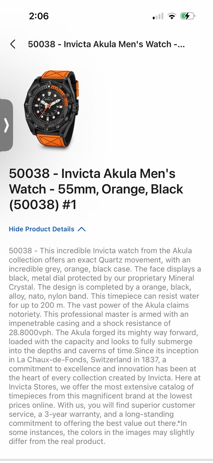 Invicta Akula Men’s Quartz Chronograph Date 55mm Black Dial Orange Nylon Box