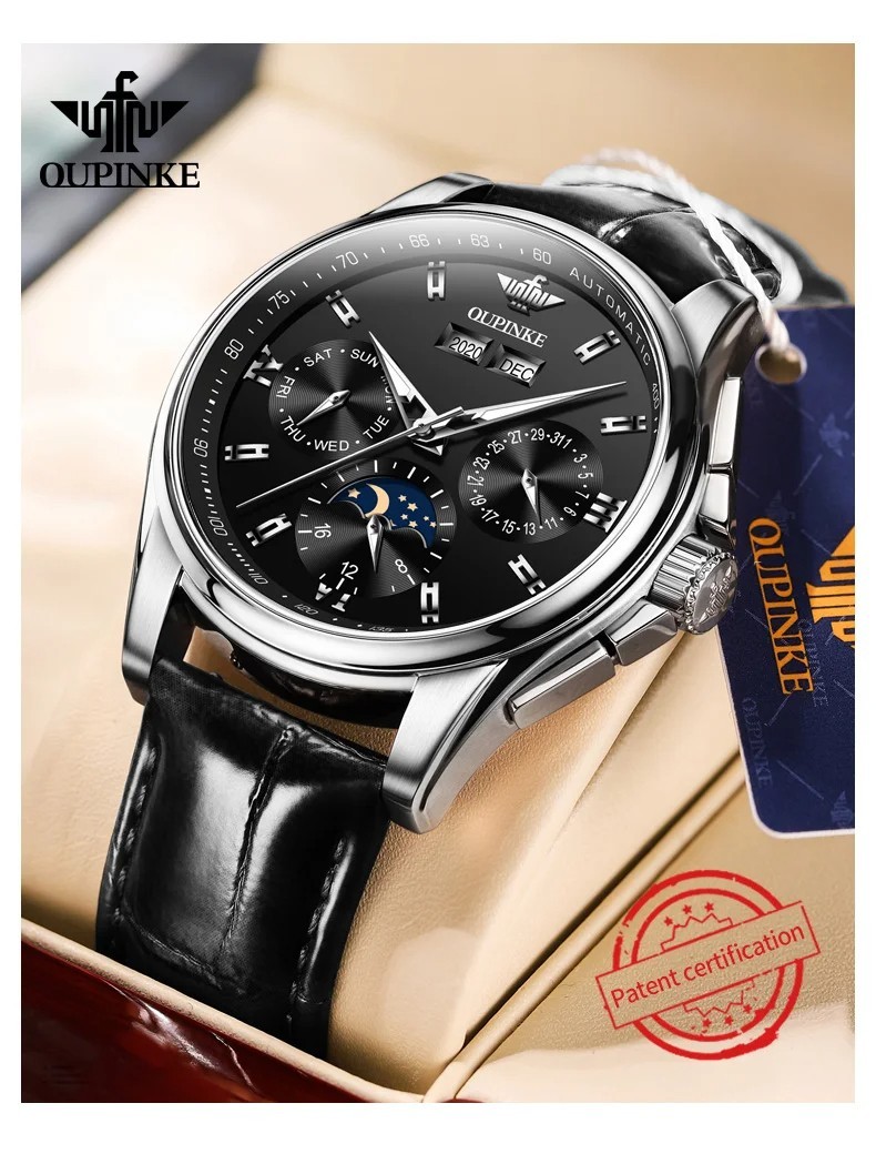 Automatic Mechanical Watch Men’s Waterproof Moon Phase Luxury Dial Men Strap