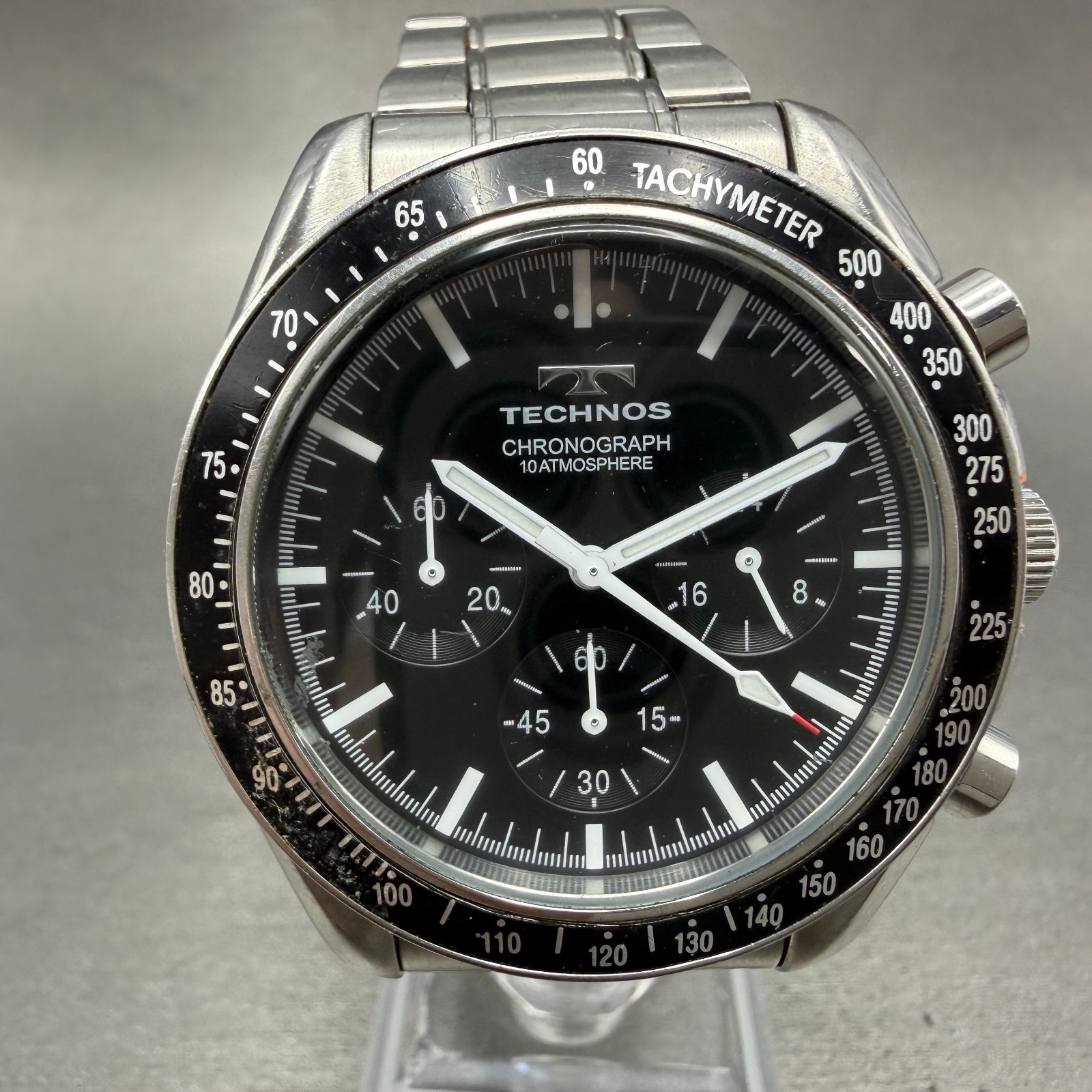 Technos Chronograph Watch Men 42mm Black Dial Silver Tone Round T4146 New Batt L
