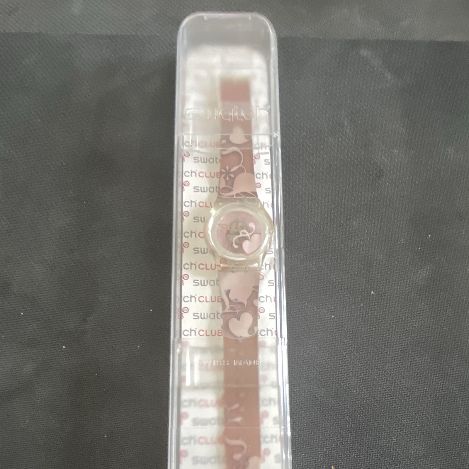 Swatch Pink Ivy SUJK111 Quartz Analog Clear Case Pink Hearts Strap Box