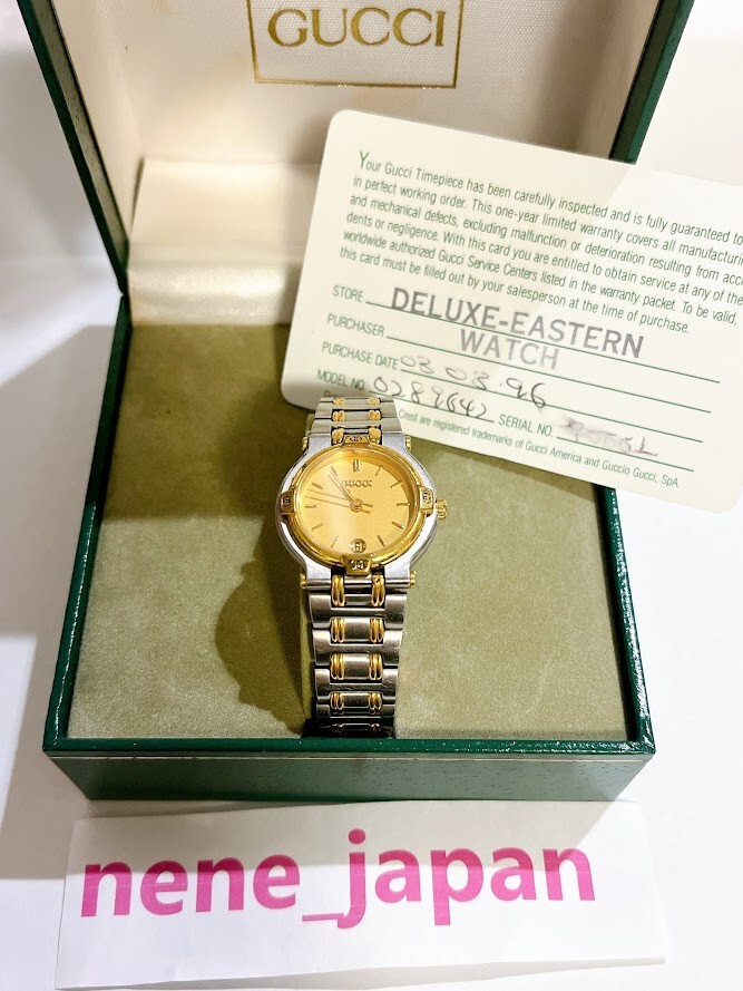 GUCCI 9000L WATCH Woman Gold SILVER DATE VINTAGE Working Excellent Japan W/Box