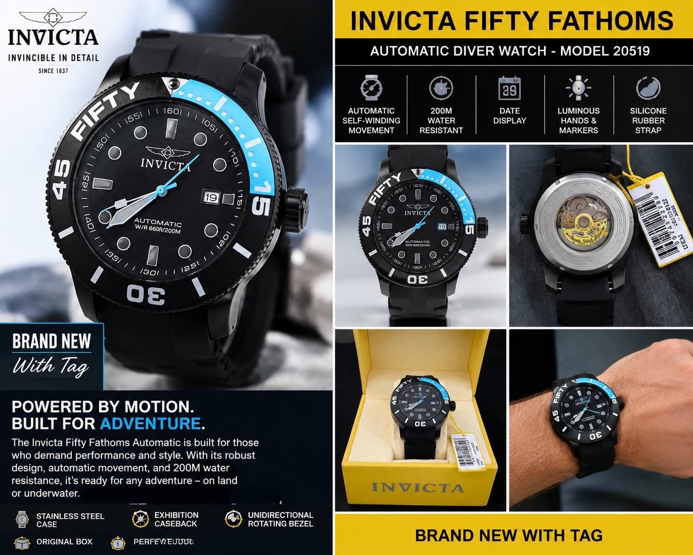Invicta Fifty Fathoms Automatic Diver 50mm Black/Blue 200m Date Rubber