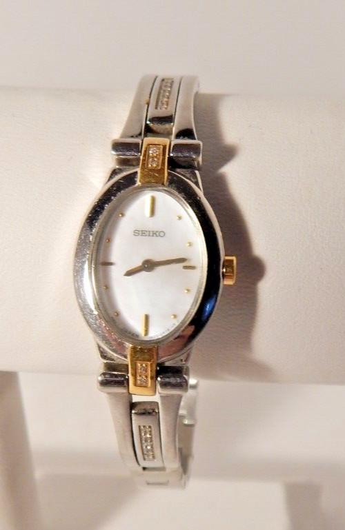 Ladies Seiko Two Tone Stainless Bracelet Diamond Accented MOP Dial Watch GREAT!