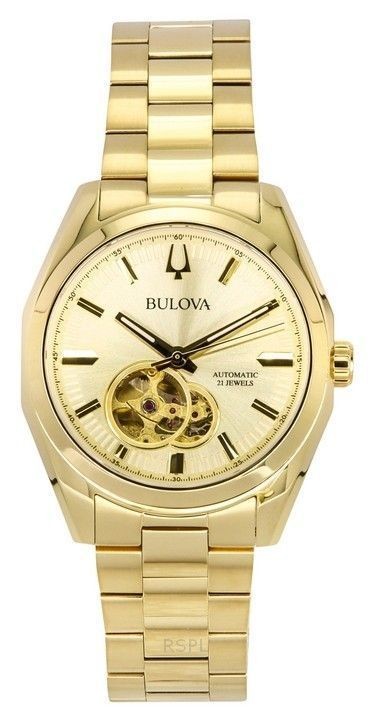 Bulova Surveyor Automatic Open Heart Champagne Dial 97A182 30M Analog Mens Watch
