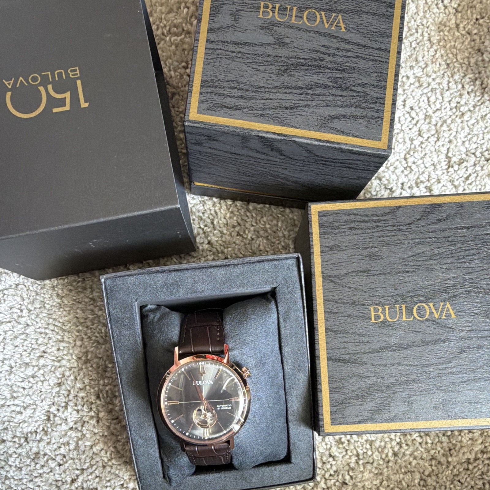 Bulova 150 Men’s Automatic Open Heart 21 Jewel Watch Brown Leather Black Dial
