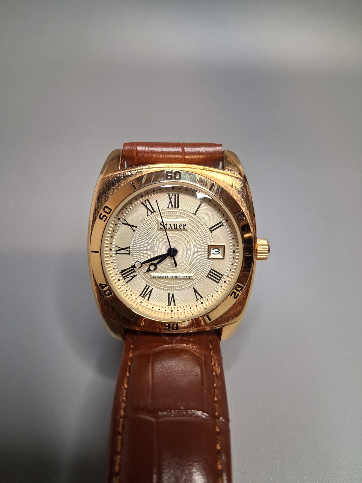 Stauer Timemaster Watch Men #30021 Brown Leather Band Stainless Steel Base 3ATM