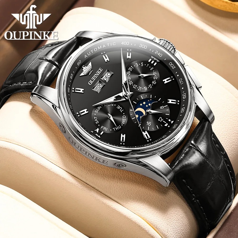Automatic Mechanical Watch Men’s Waterproof Moon Phase Luxury Dial Men Strap