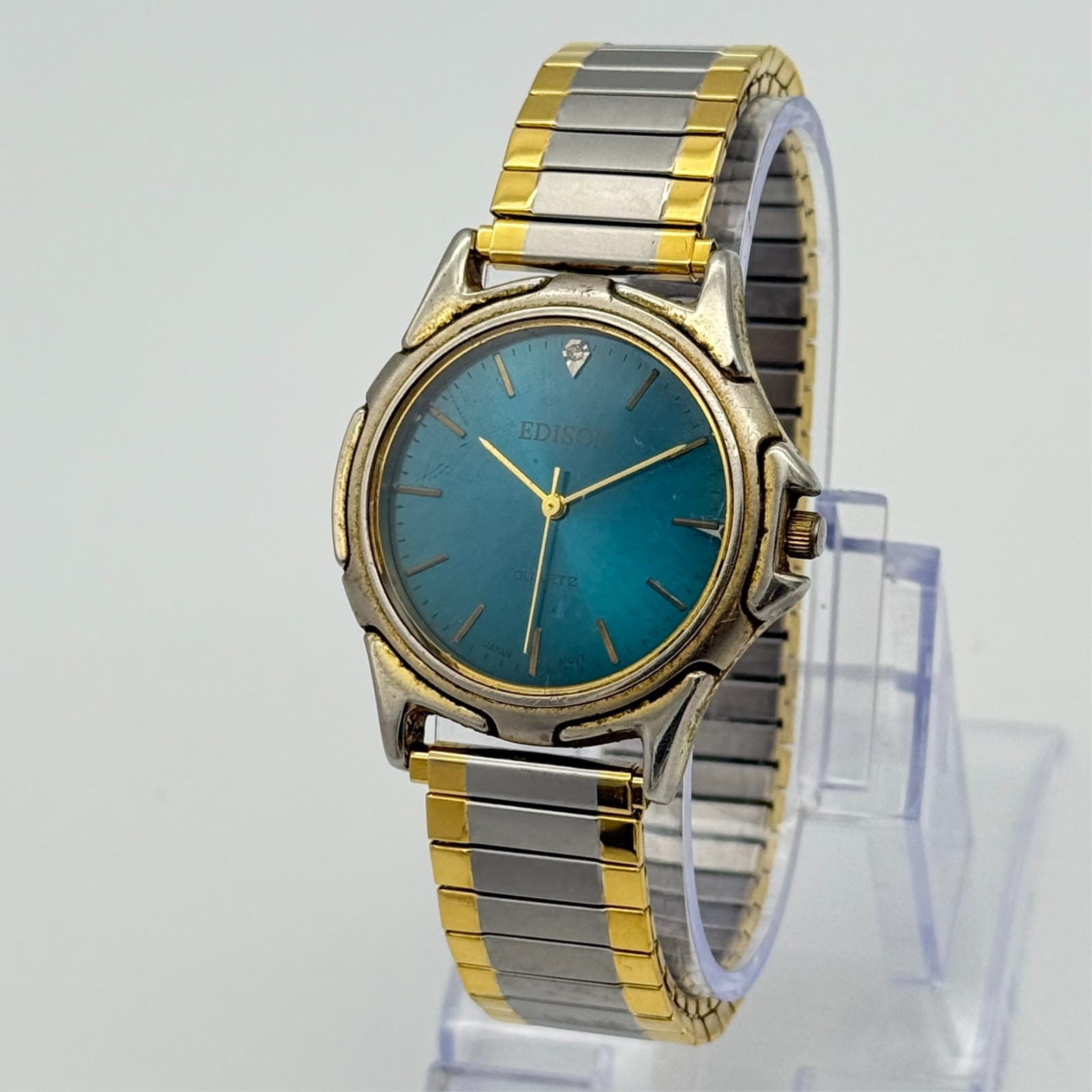 Vintage 1990s Men’s EDISON Two-Tone 35mm Watch, Blue-Green Dial, Diamond Accent