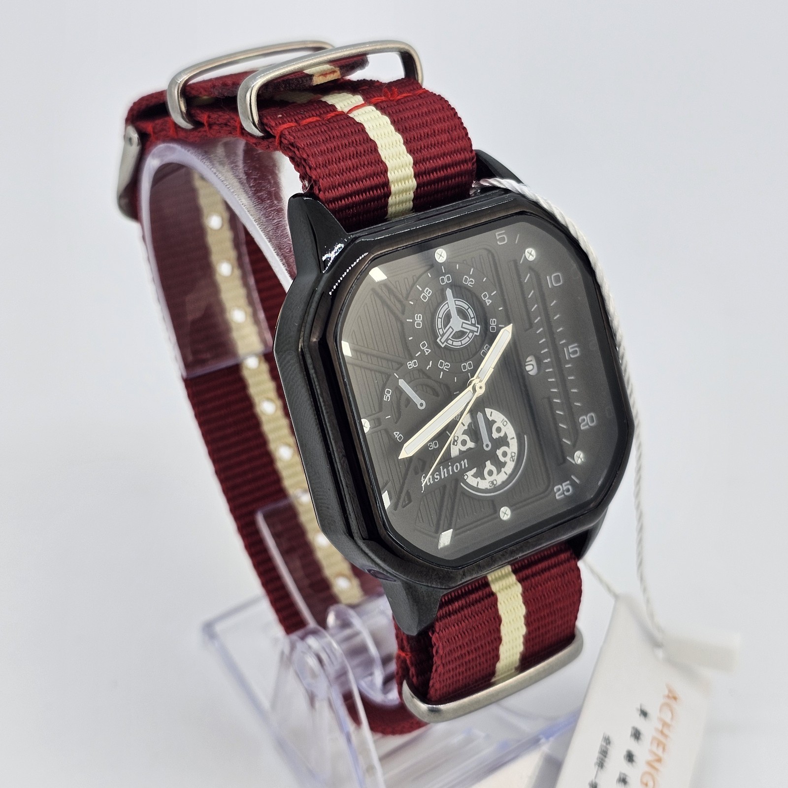 42MM Watch Men Black Dial Date Indicator Red Cream Canvas Band New Battery