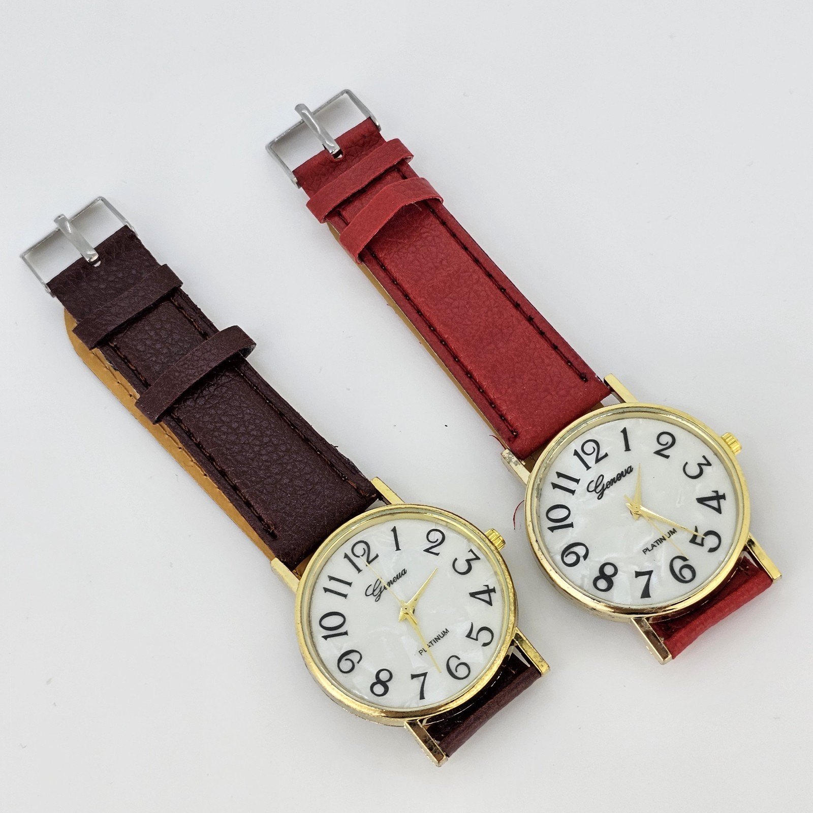 2X Women Analog Watches 37MM MOP Dial Brown Red Faux Leather Bands NEW Battery