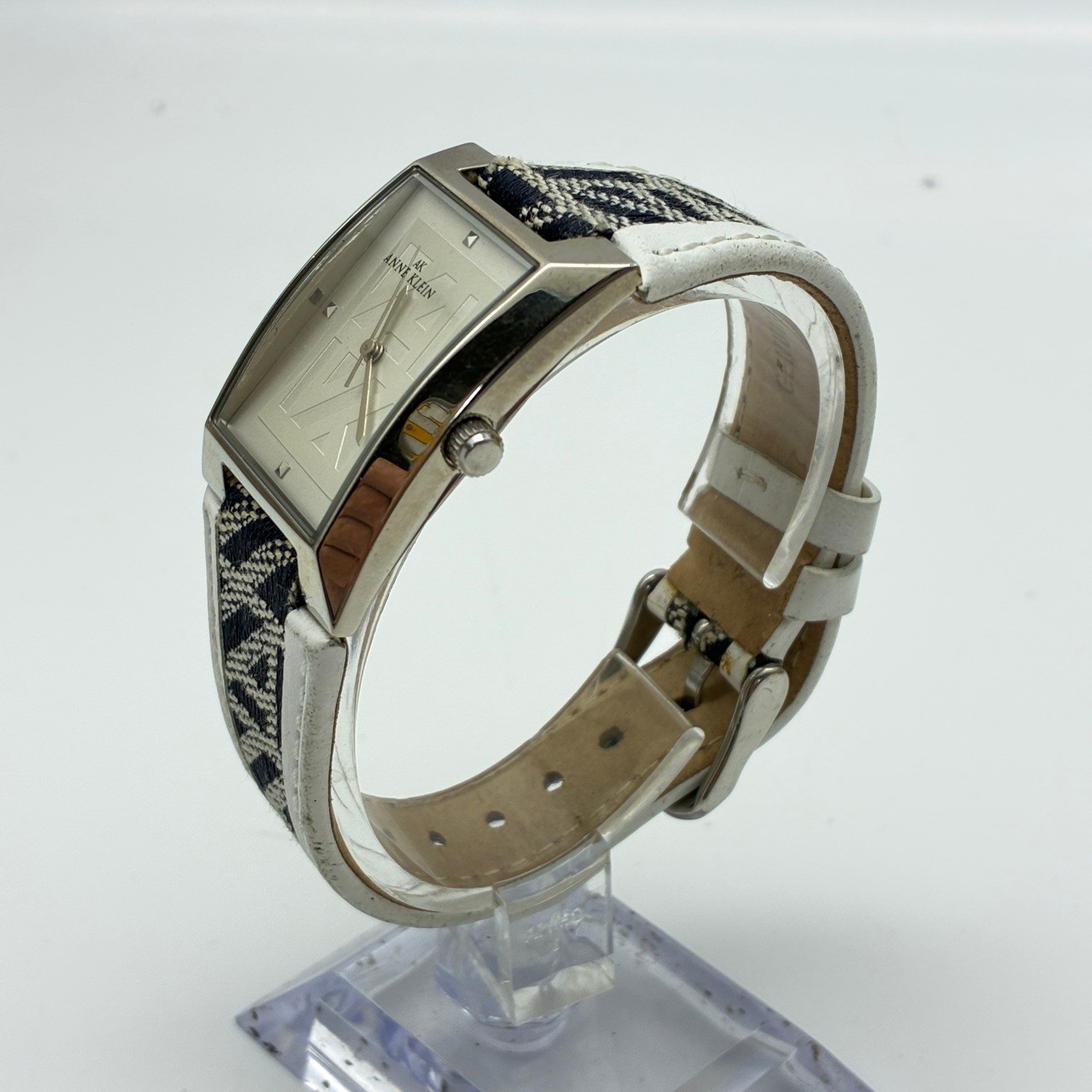 Anne Klein Women Silver Tone Rectangular Watch Monogram Fabric Leather 10/8601