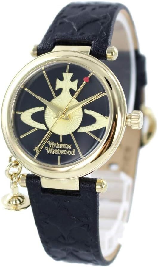 Vivienne Westwood Women’s Gold Black Leather Watch with Orb Charm (VV006BKGD)