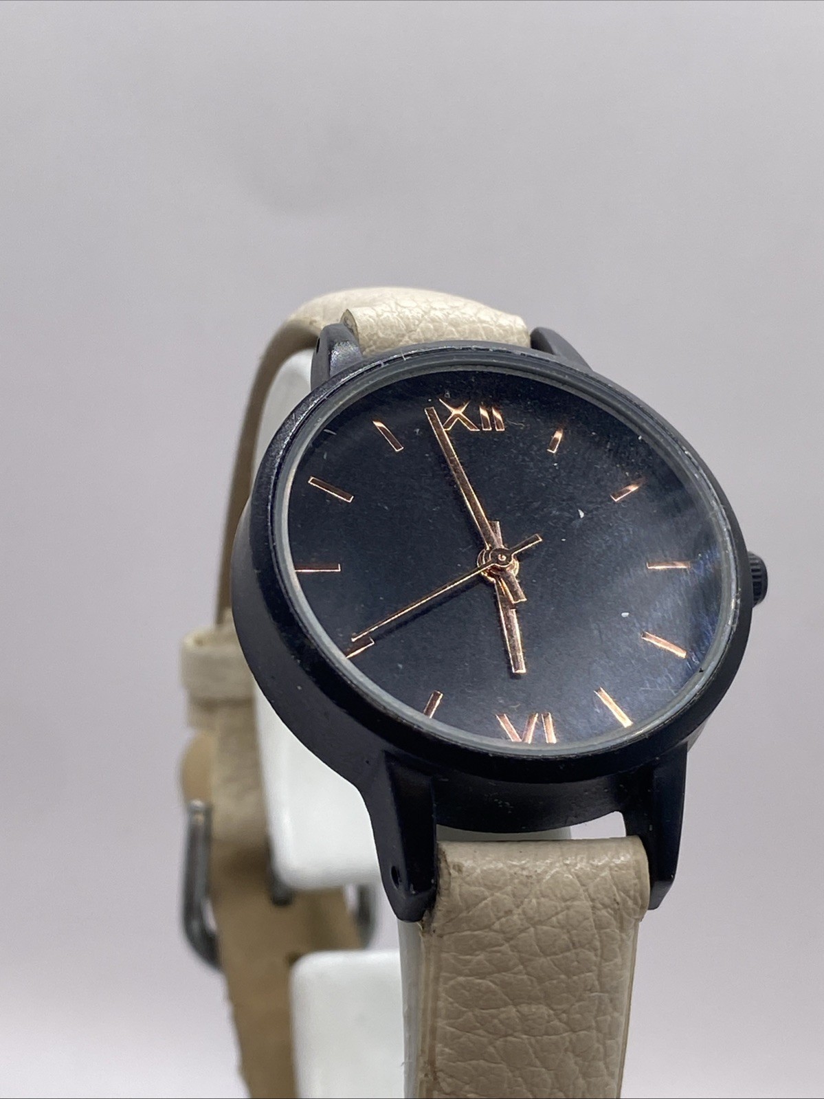 Womens Black Tone Rose Gold White Leather Watch Works New Battery