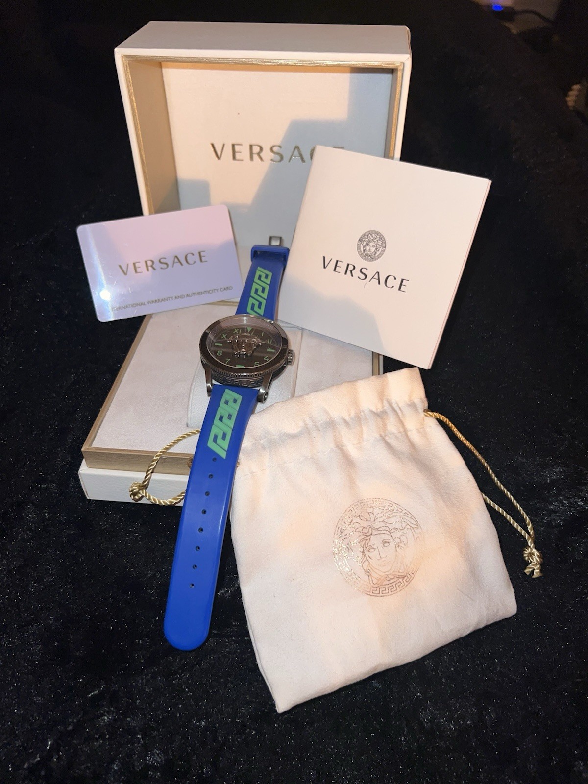 Versace Palazzo Quartz Men’s Wristwatch 43mm Gray Black Blue Green Rubber Band