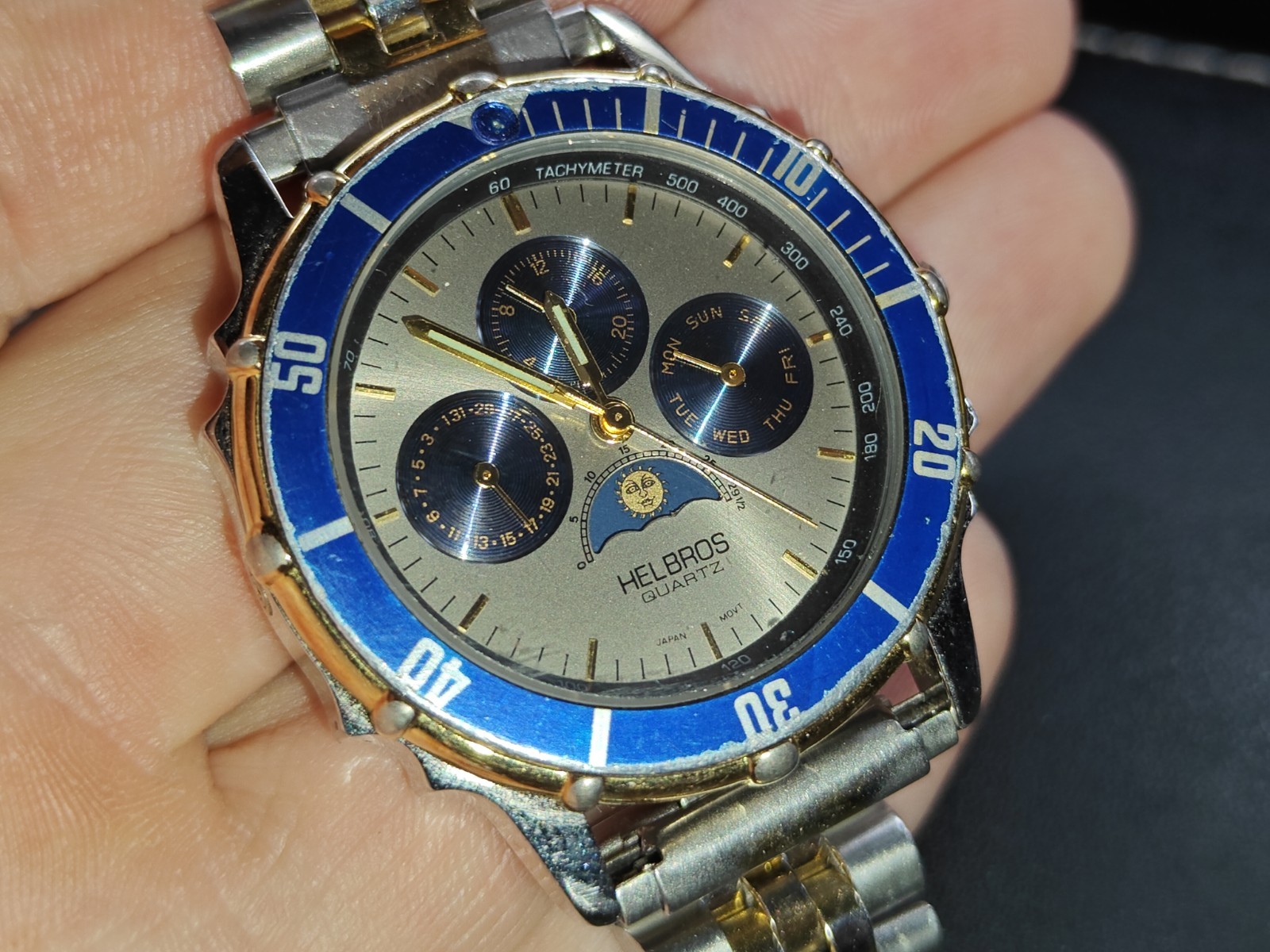 Vintage Helbros Day/Night Chronograph – Gold, Silver, Blue – Japan Quartz, RUNS!