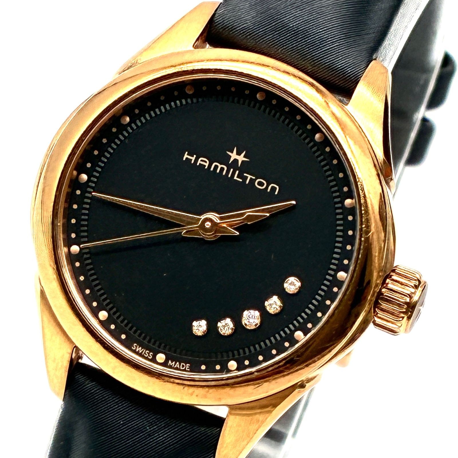 Rare Working Hamilton Jazzmaster Lady Quartz Natural Diamond PVD Gold Black Busi