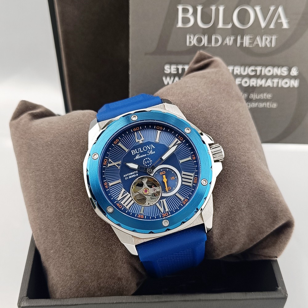 New Bulova Marine Star 98A303 Blue Dial Blue Rubber Strap Men’s Automatic Watch