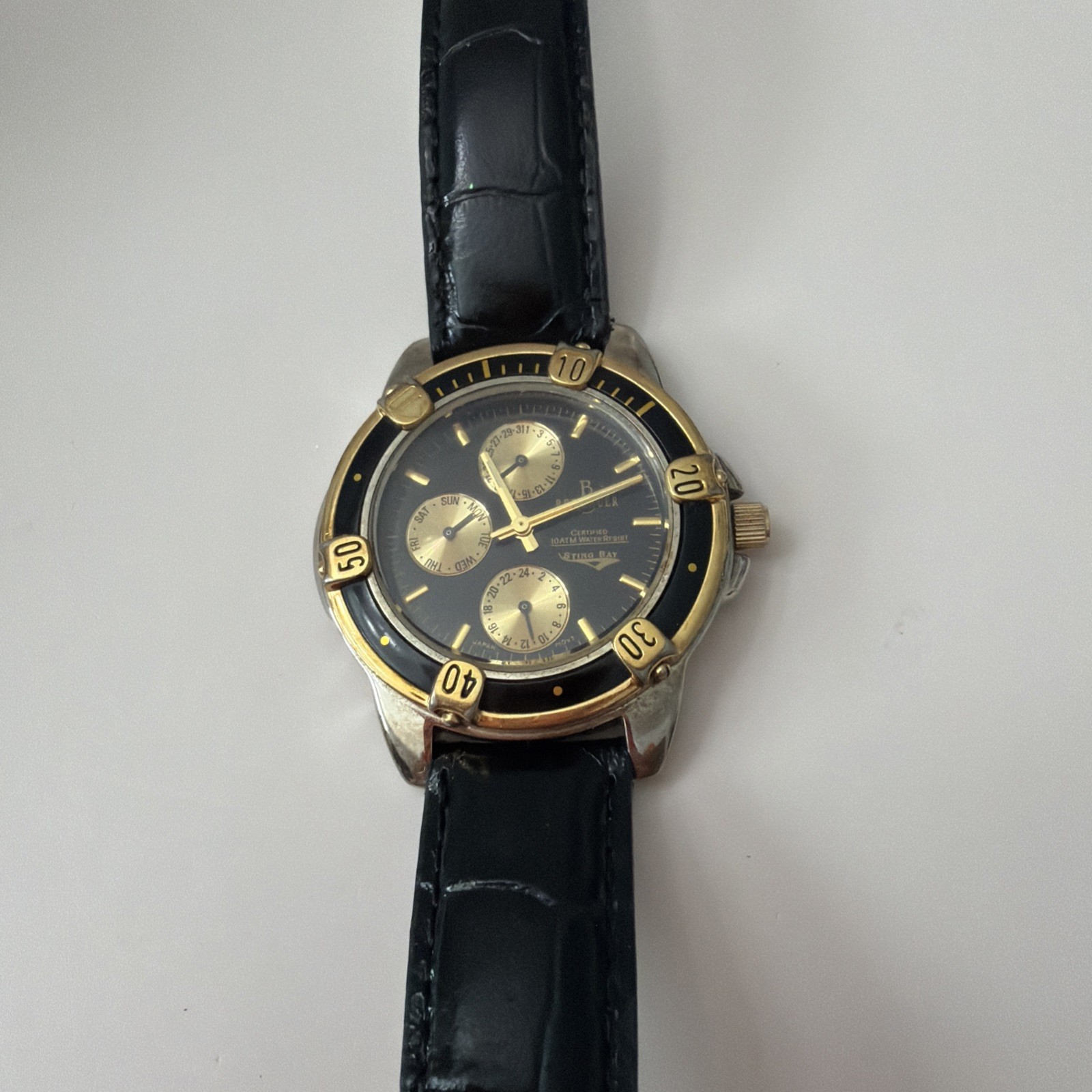 Berenger Brass Case Wristwatch Black Italy Leather Band-Gold /Black Face- “read”