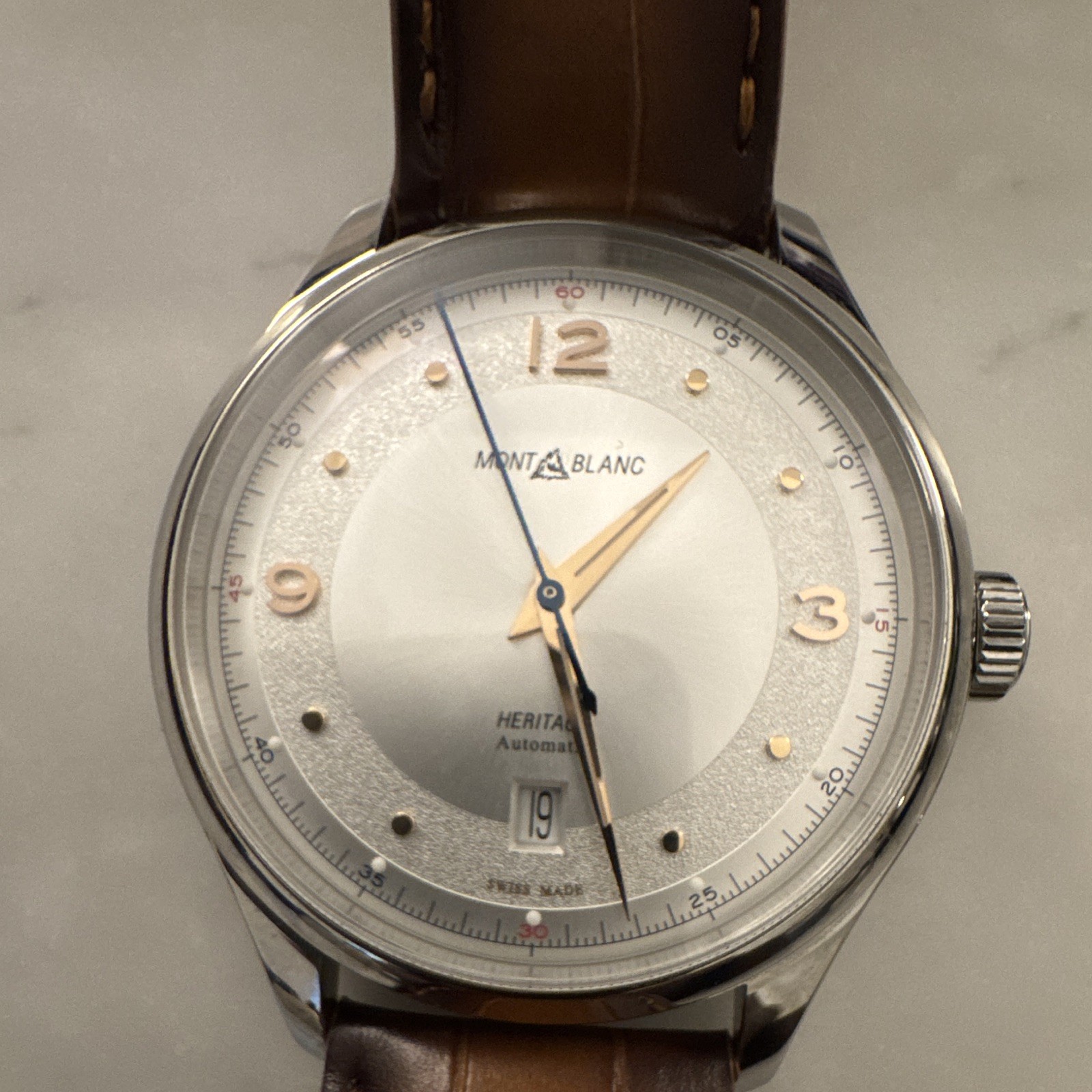 Montblanc Heritage Automatic Silver Dial 40mm Steel Brown Leather Date Watch
