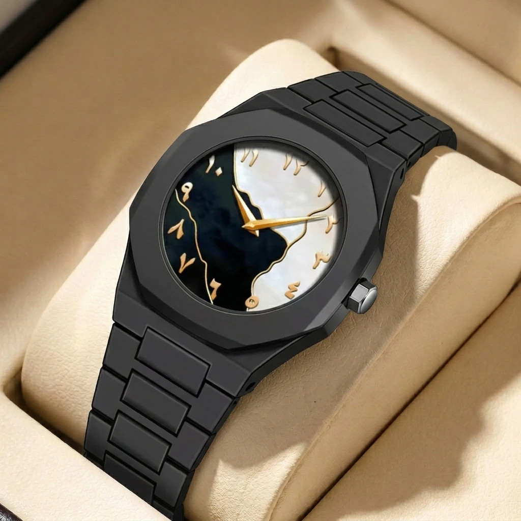 1Pc Simple and Stylish Octagonal Bezel Mesh Dial Black Steel Strap Watch Unisex