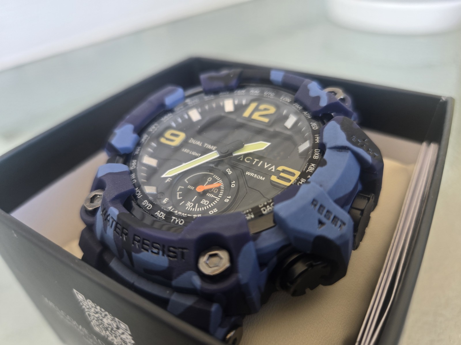 Activa Dual Time Men Quartz Analog-Digital 52mm Resin WR50M Box Papers