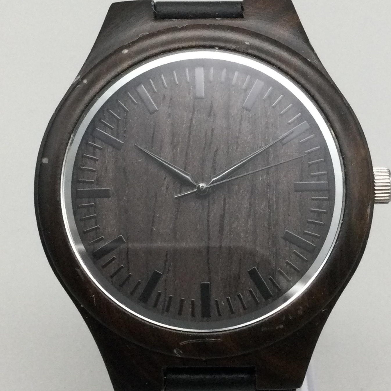 Mens Watch 45mm Dark Brown Stained Wood Case Brown Dial Black Leather Band