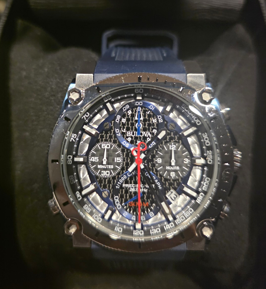 Bulova Precisionist Quartz Chronograph 300m 46mm Blue/Black Dial Date Box