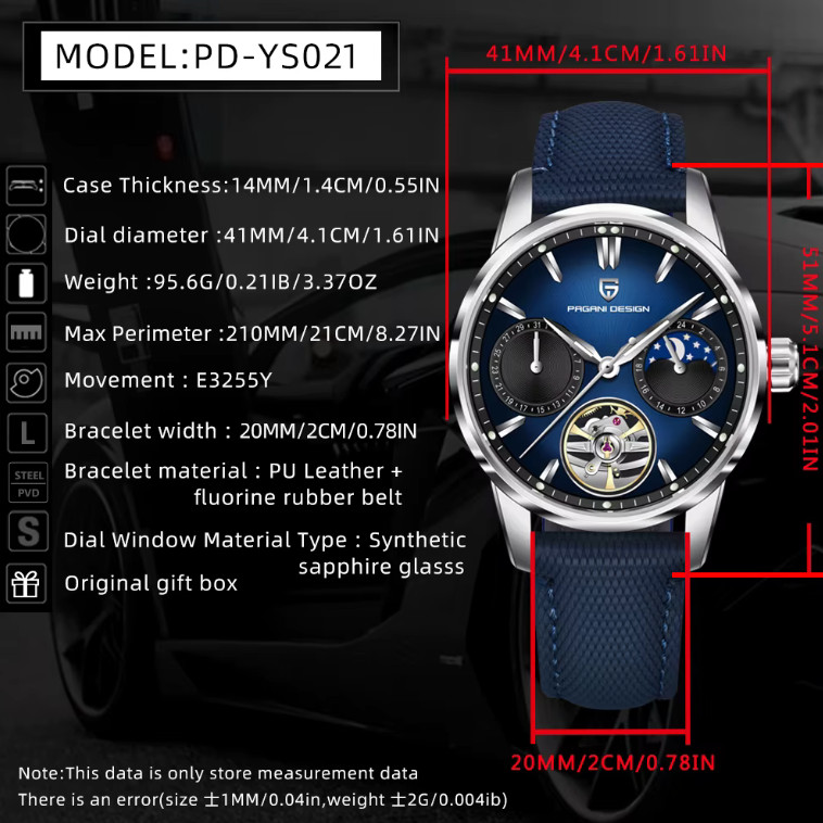 Men’s Automatic Watch Sapphire Crystal Moon Phase Stainless Steel Leather 100M