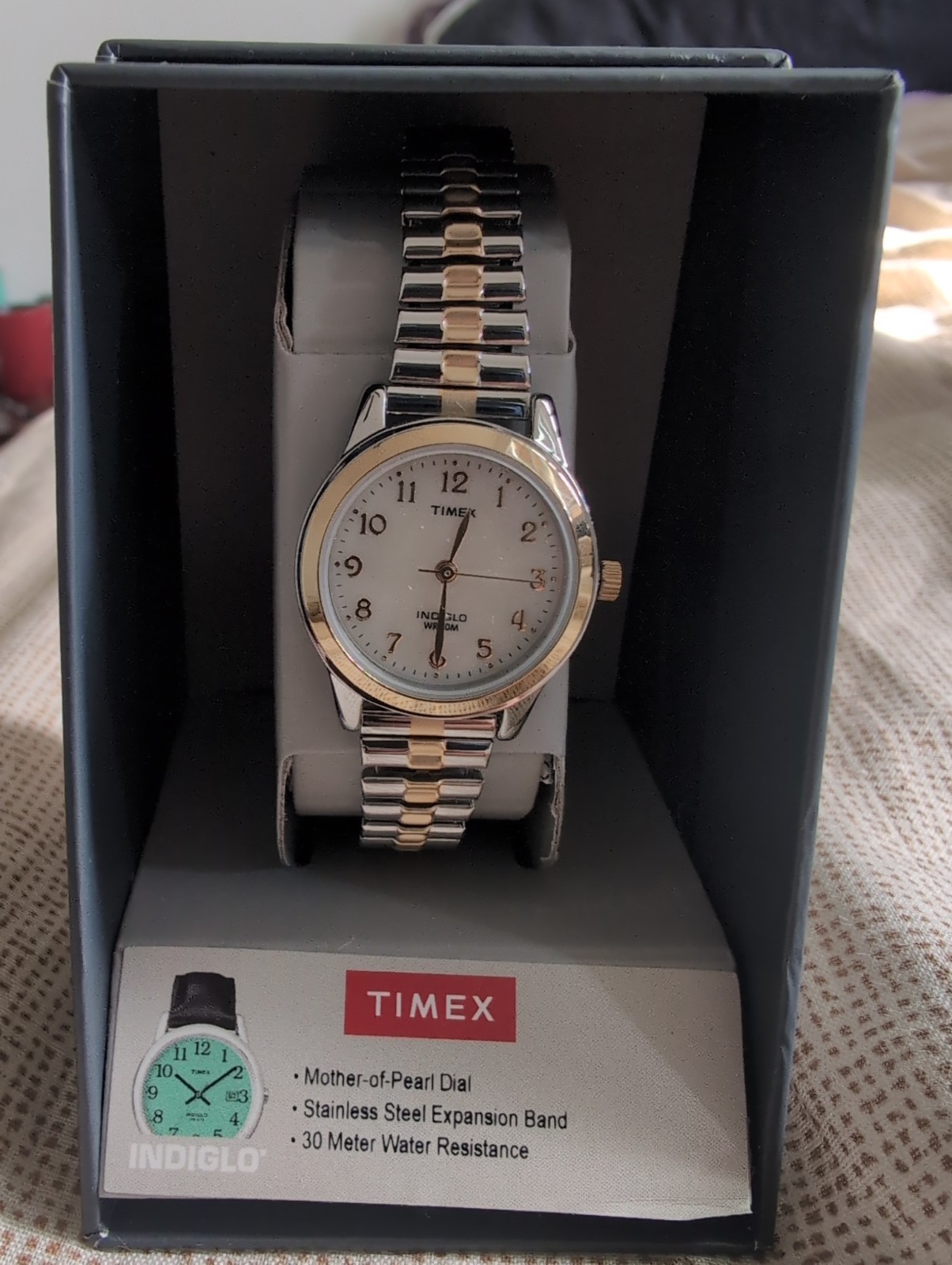 Timex T2M828, Women’s 2-Tone Expansion Watch, Indiglo, Mother of Pearl Dial, NEW
