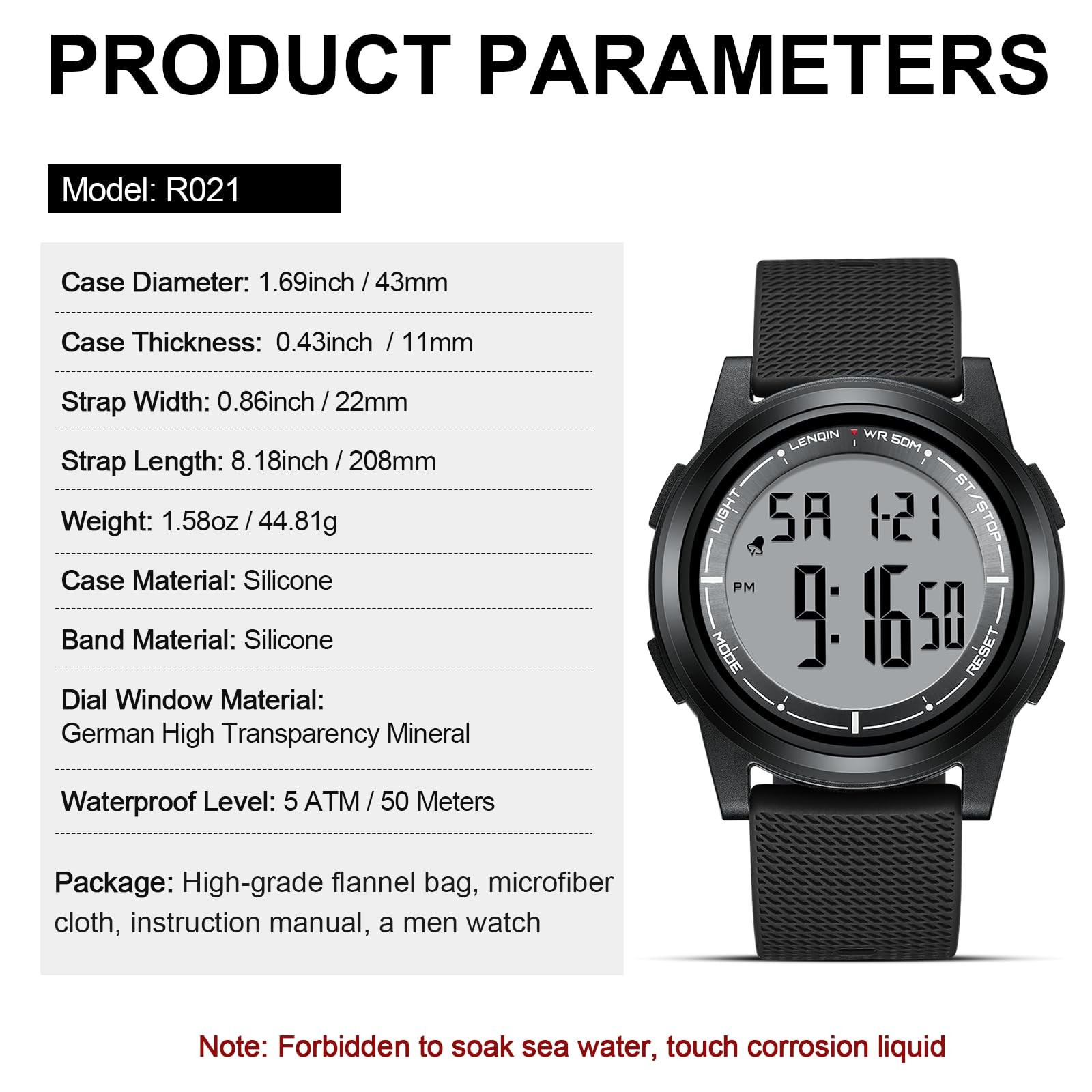 Men’s Digital Watch Ultra Thin Minimalist Waterproof LED Large Face Alarm Sport